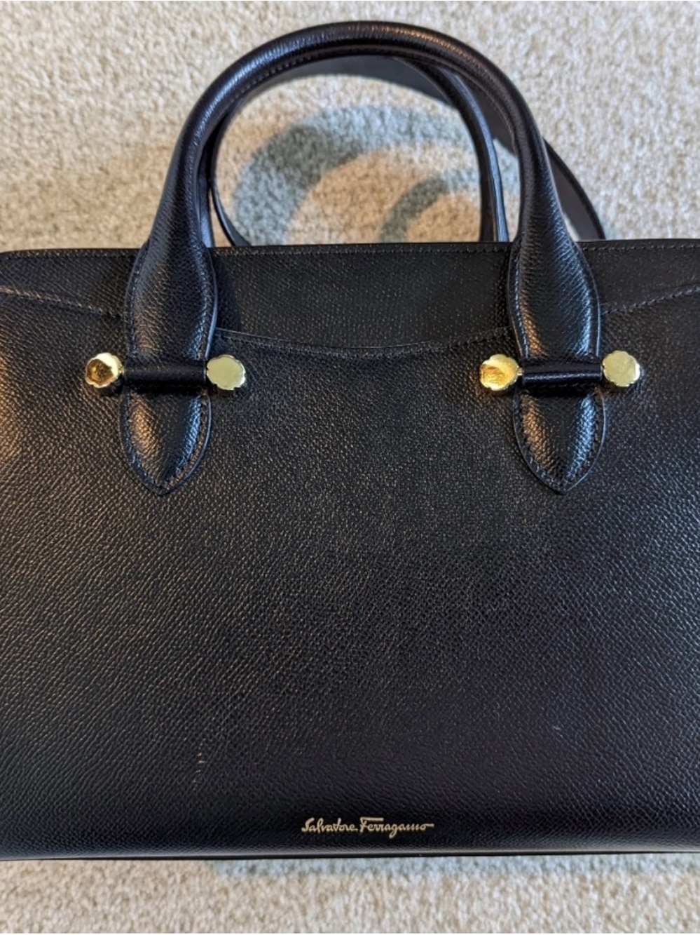 Salvatore Ferragamo Nero Black Leather Satchel with Gold Hardware